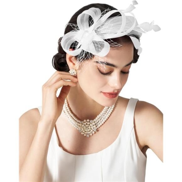 Fascinators Headband with Feather, White main image 4